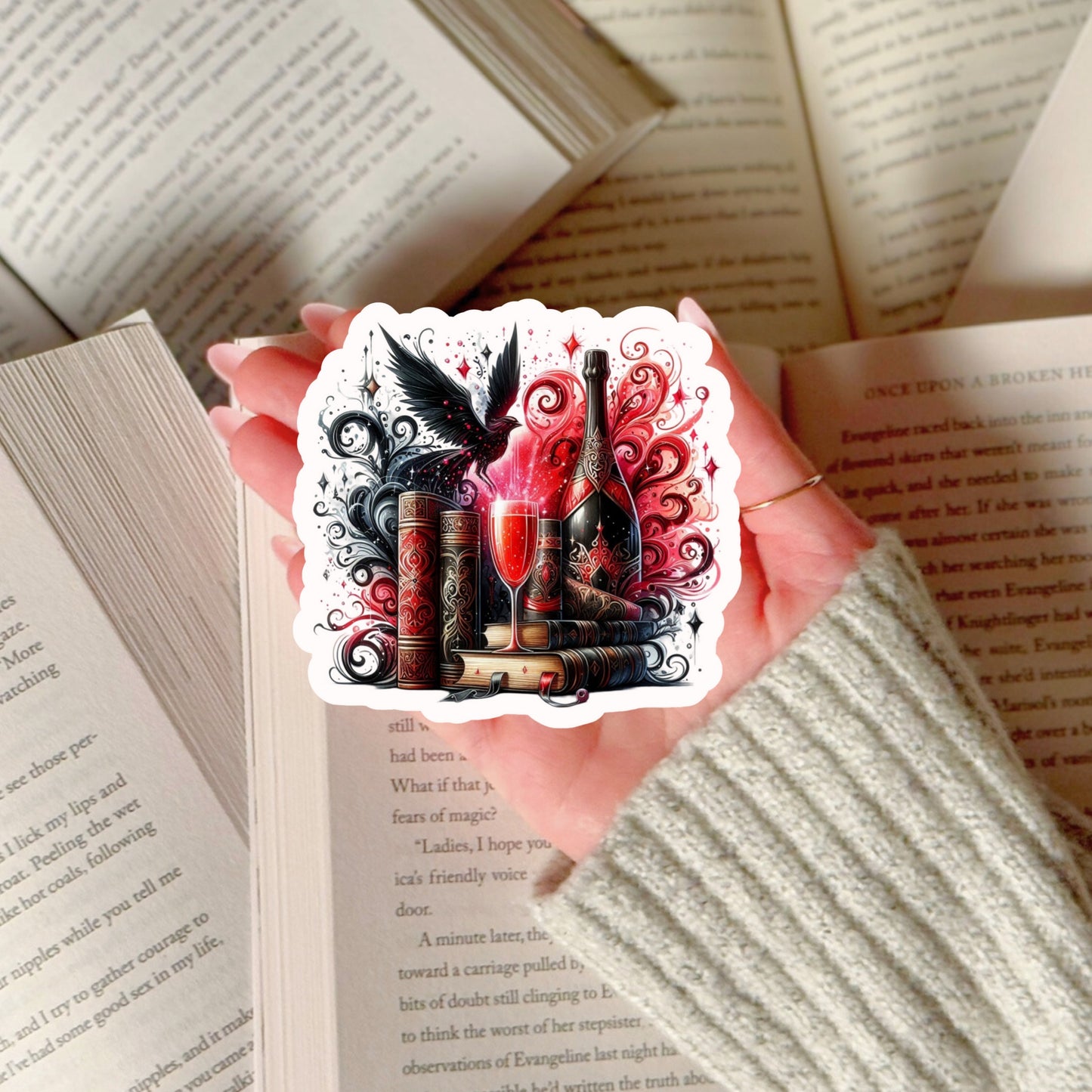 Wine and Books Book Reader Sticker – 3" Waterproof Bookish Sticker with Holo Overlay – Reading, Books, Reader Gift, Book Lover, Bookstore Merch