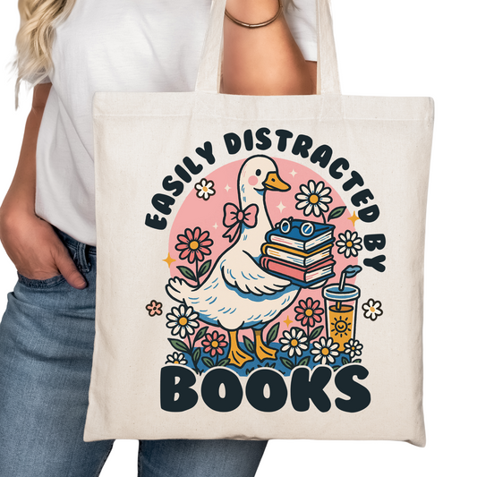 Easil Distracted by Books Bookish Tote Bag – Reading Tote for Book Lovers – Book Reader Bag - Romance Reader Tote - Book Store Merchandise