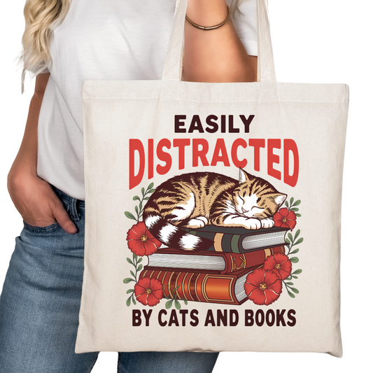 Easily Distracted by Cats Books Bookish Tote Bag – Reading Tote for Book Lovers – Book Reader Bag - Reader Tote - Book Store Merchandise