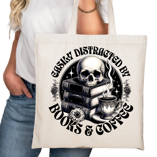Easily Distracted Books Coffee Bookish Tote Bag – Reading Tote for Book Lovers – Book Reader Bag - Reader Tote - Book Store Merchandise