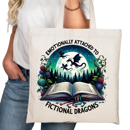 EMotionally Attached to Fictional Dragons Bookish Tote Bag – Reading Tote for Book Lovers - Romance Reader Tote - Book Store Merchandise