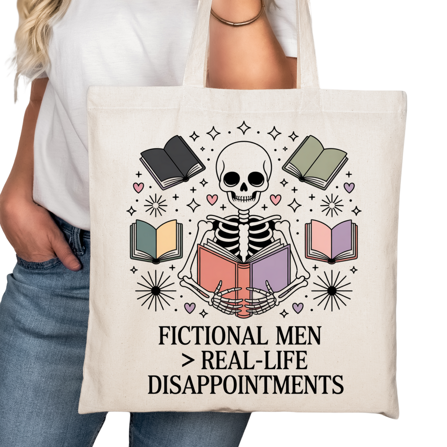 Fictional Men > Real Life Bookish Tote Bag – Reading Tote for Book Lovers – Book Reader Bag - Romance Reader Tote - Book Store Merchandise