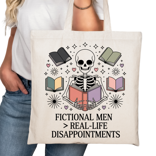 Fictional Men > Real Life Bookish Tote Bag – Reading Tote for Book Lovers – Book Reader Bag - Romance Reader Tote - Book Store Merchandise