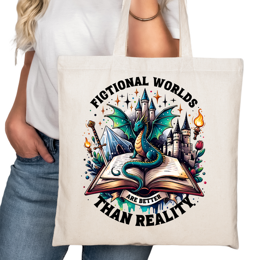 Fictional Worlds Dragon Bookish Tote Bag – Reading Tote for Book Lovers – Book Reader Bag - Romance Reader Tote - Book Store Merchandise