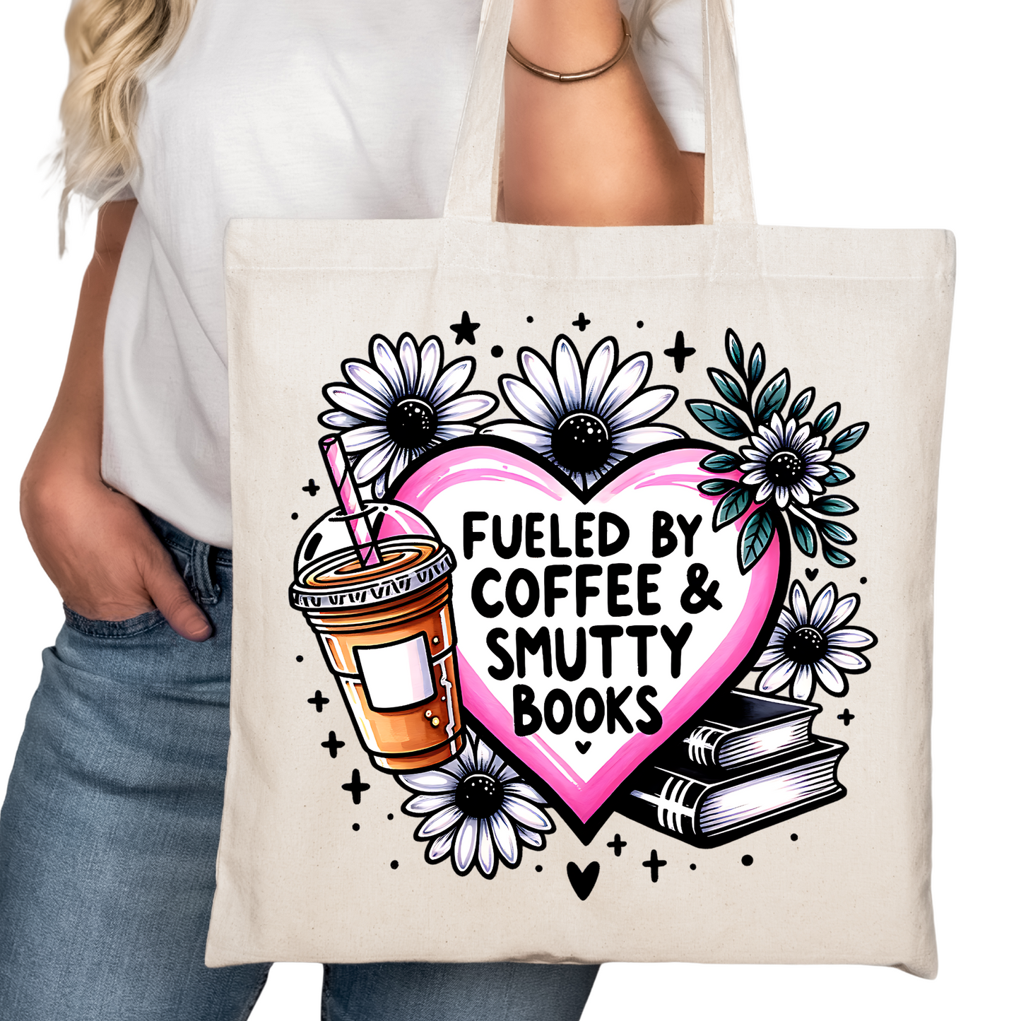 Fueled by Coffee Smutty Books Bookish Tote Bag – Reading Tote for Book Lovers – Book Reader - Romance Reader Tote - Book Store Merchandise