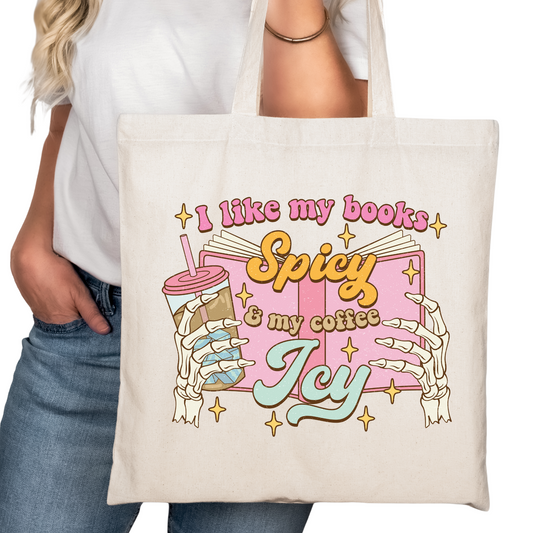 Books Spicy Coffee Icy Bookish Tote Bag – Reading Tote for Book Lovers – Book Reader Bag - Romance Reader Tote - Book Store Merchandise