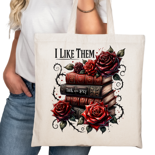 I Like Them Thick and Spicy Bookish Tote Bag – Reading Tote for Book Lovers – Book Reader Bag - Romance Reader Tote - Book Store Merchandise