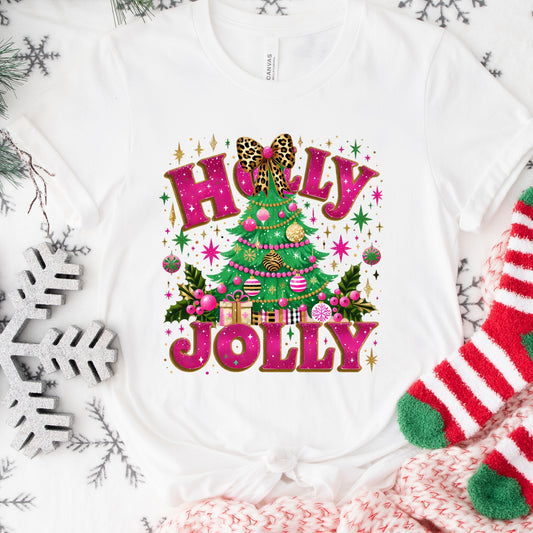 Christmas Shirt: Holly Jolly – Pink Leopard Tree Holiday Tee or Sweatshirt
