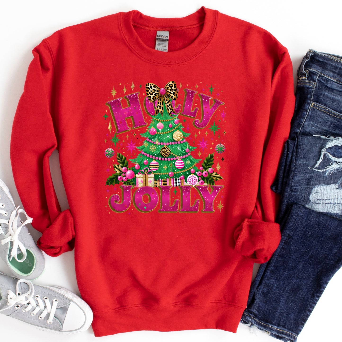 Christmas Shirt: Holly Jolly – Pink Leopard Tree Holiday Tee or Sweatshirt