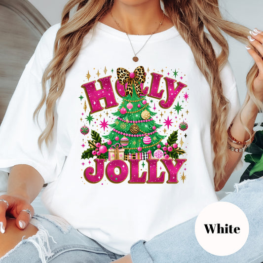 Christmas Shirt: Holly Jolly – Pink Leopard Tree Holiday Tee or Sweatshirt