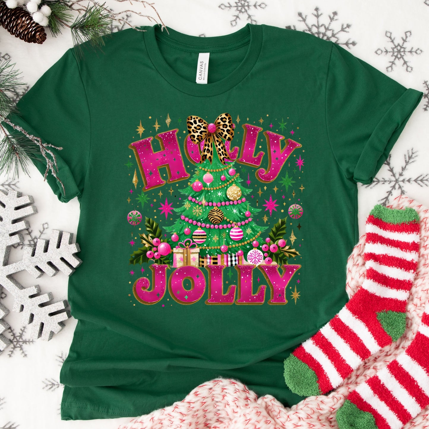 Christmas Shirt: Holly Jolly – Pink Leopard Tree Holiday Tee or Sweatshirt