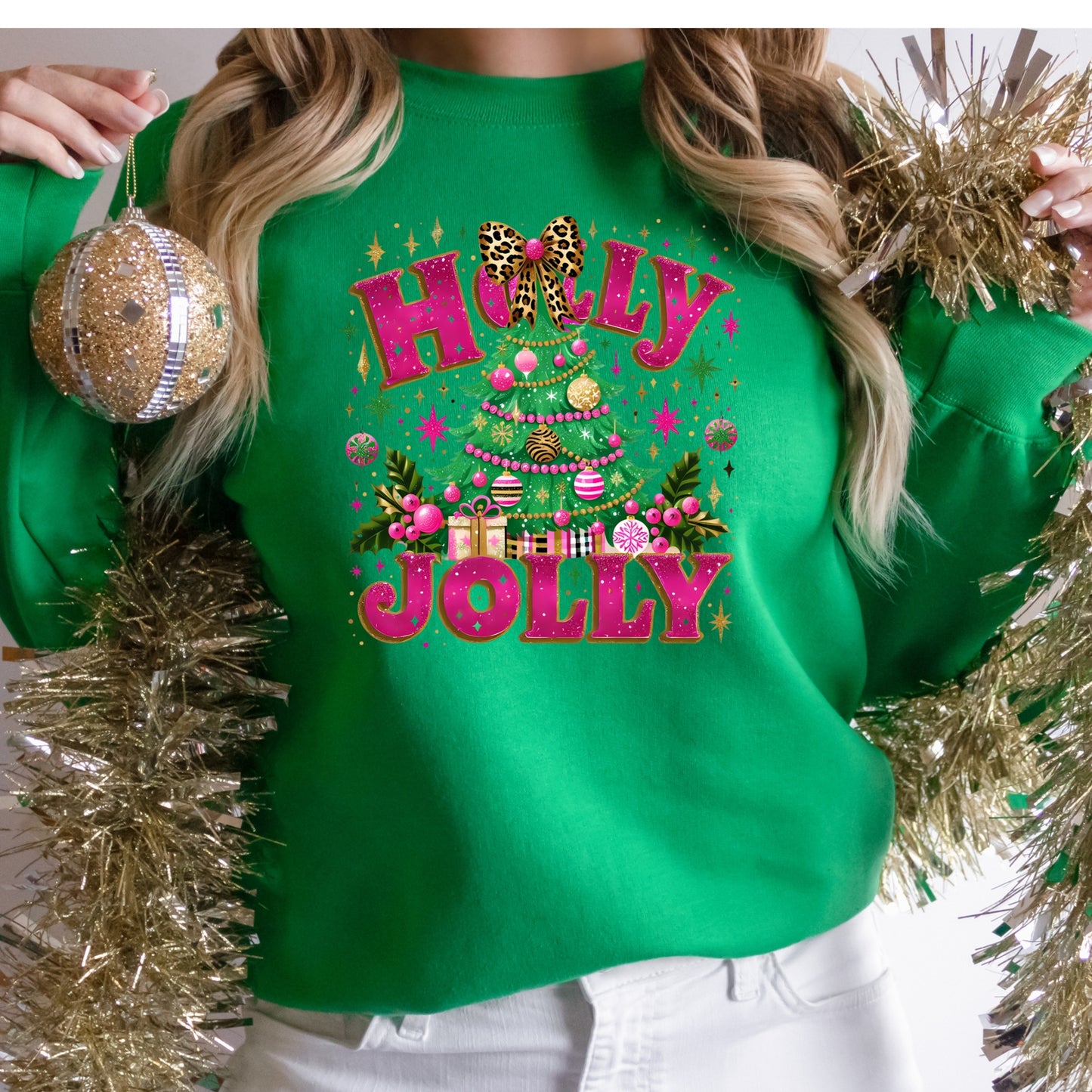 Christmas Shirt: Holly Jolly – Pink Leopard Tree Holiday Tee or Sweatshirt