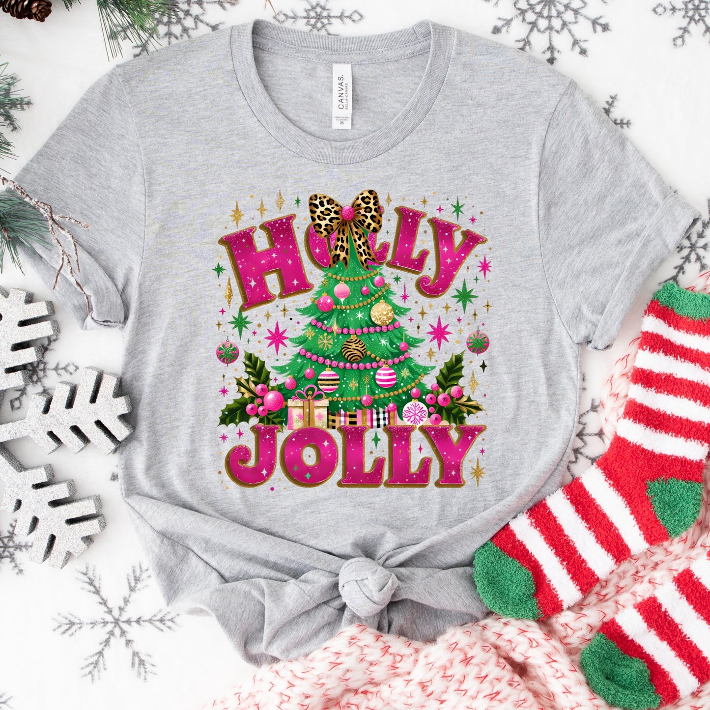 Christmas Shirt: Holly Jolly – Pink Leopard Tree Holiday Tee or Sweatshirt