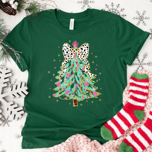 Christmas Shirt: Leopard Bow Tree – Pink and Gold Holiday Tee or Sweatshirt