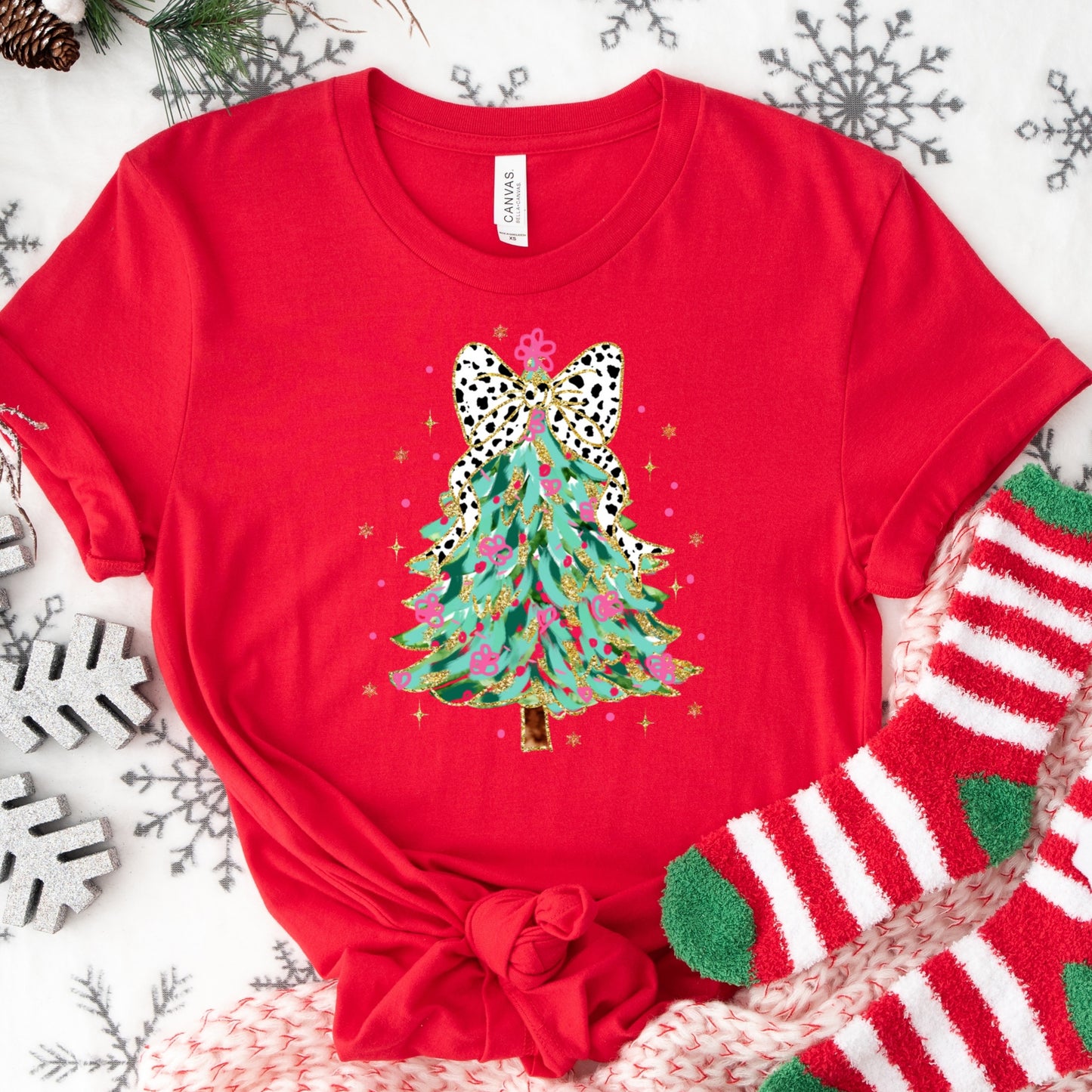 Christmas Shirt: Leopard Bow Tree – Pink and Gold Holiday Tee or Sweatshirt