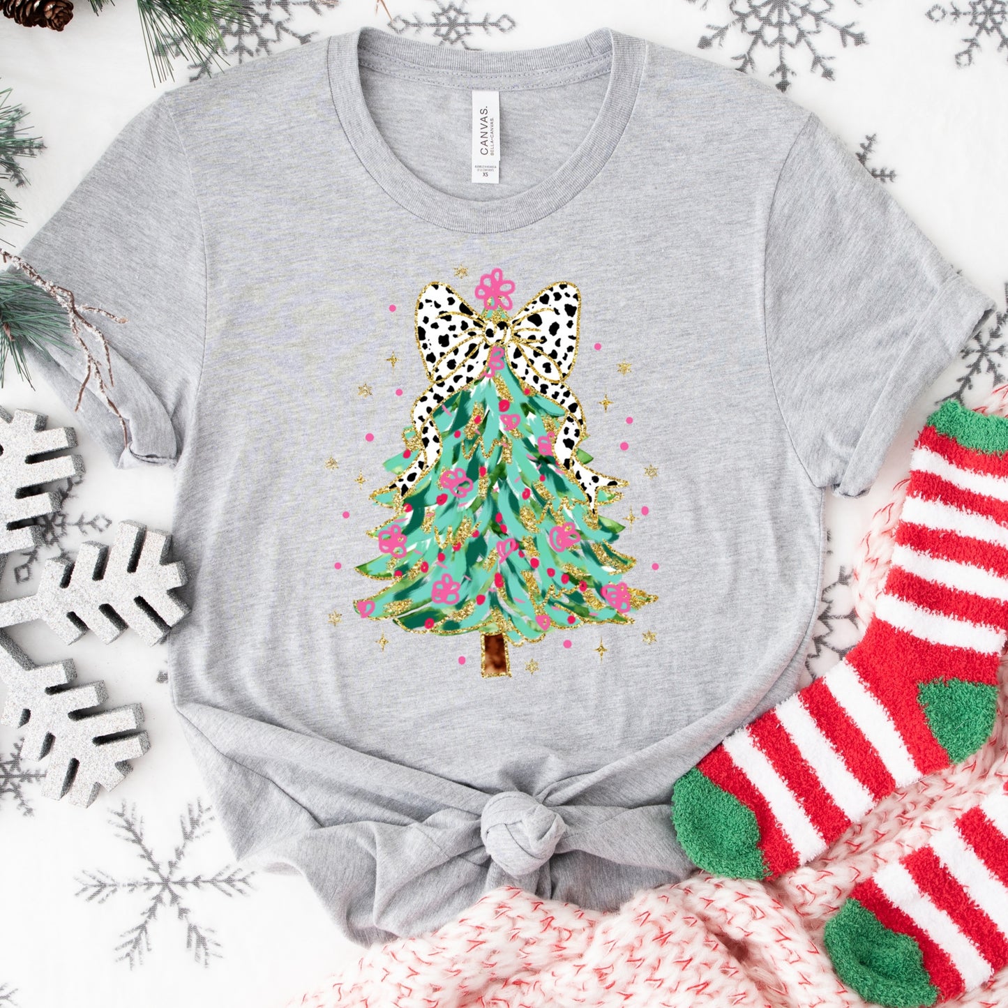 Christmas Shirt: Leopard Bow Tree – Pink and Gold Holiday Tee or Sweatshirt
