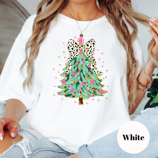 Christmas Shirt: Leopard Bow Tree – Pink and Gold Holiday Tee or Sweatshirt