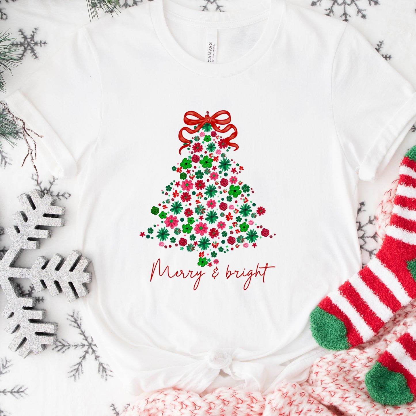 Christmas Shirt: Merry & Bright – Floral Tree Holiday Tee or Sweatshirt