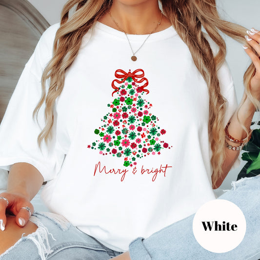 Christmas Shirt: Merry & Bright – Floral Tree Holiday Tee or Sweatshirt