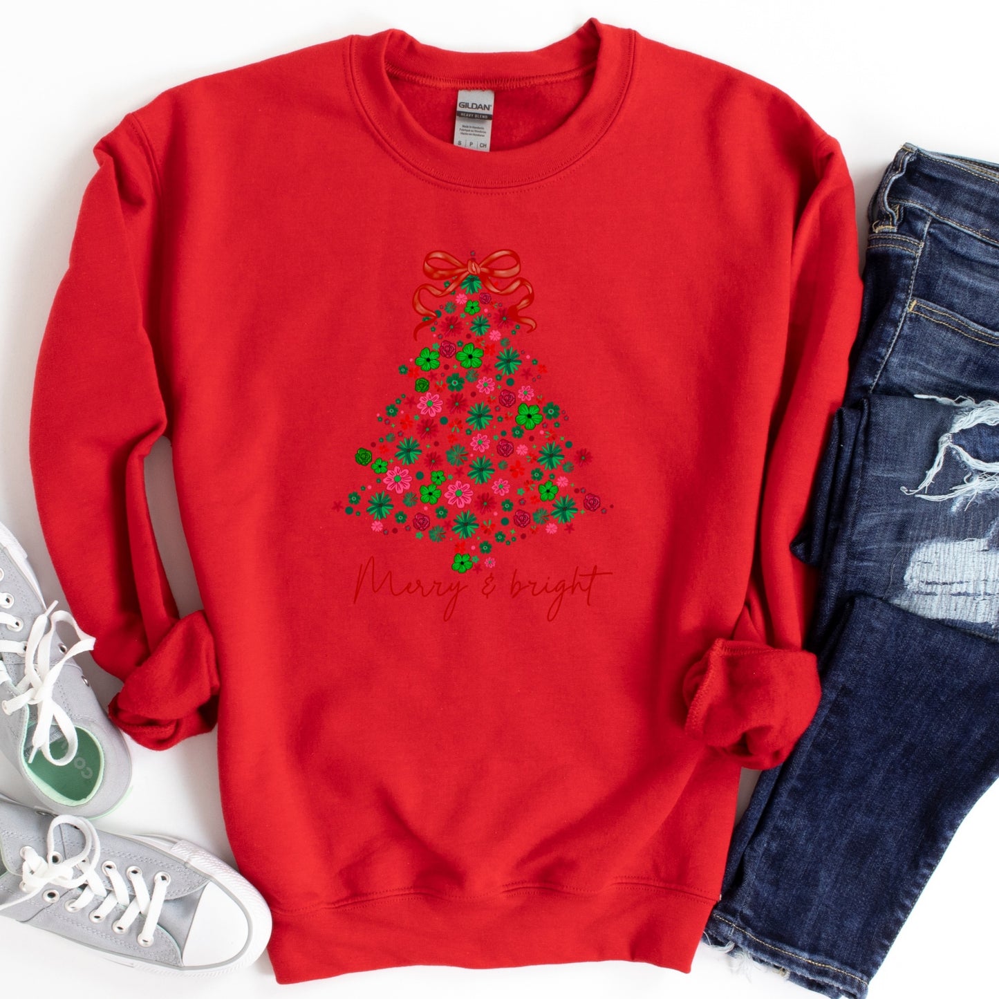 Christmas Shirt: Merry & Bright – Floral Tree Holiday Tee or Sweatshirt