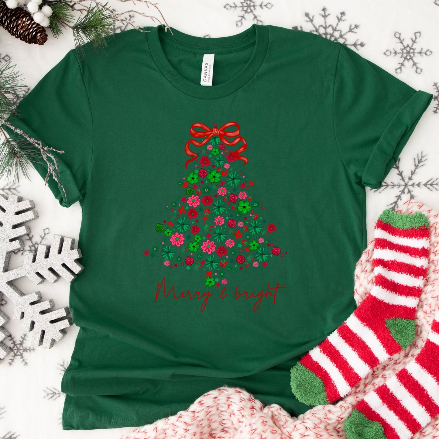 Christmas Shirt: Merry & Bright – Floral Tree Holiday Tee or Sweatshirt