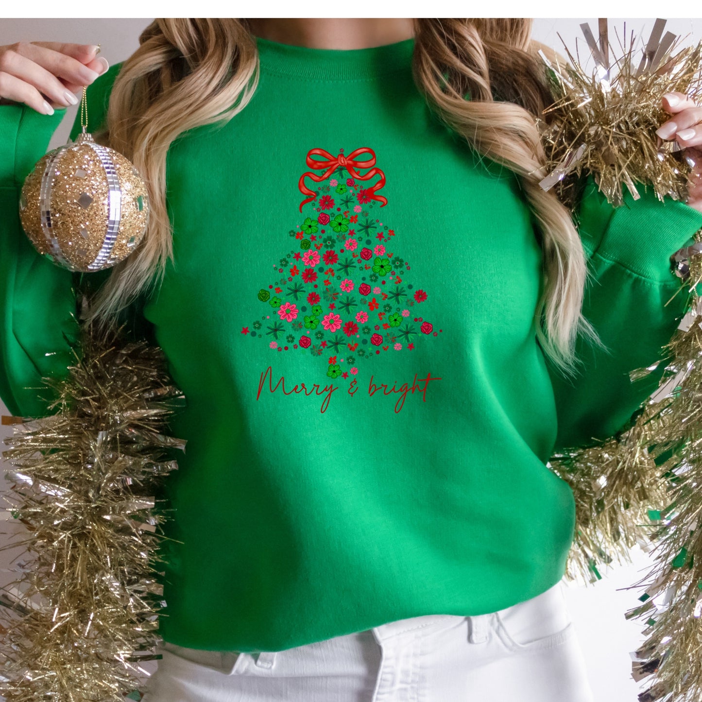 Christmas Shirt: Merry & Bright – Floral Tree Holiday Tee or Sweatshirt