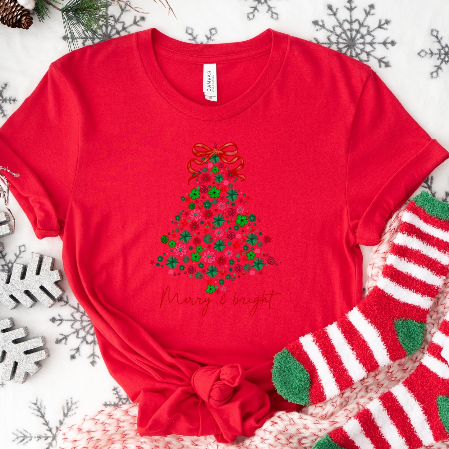 Christmas Shirt: Merry & Bright – Floral Tree Holiday Tee or Sweatshirt