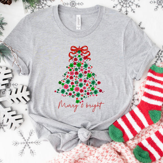 Christmas Shirt: Merry & Bright – Floral Tree Holiday Tee or Sweatshirt
