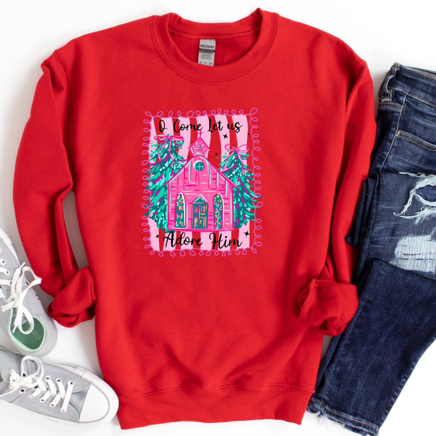 Christmas Shirt: O Come Let Us Adore Him – Pink Church Christian Tee or Sweatshirt