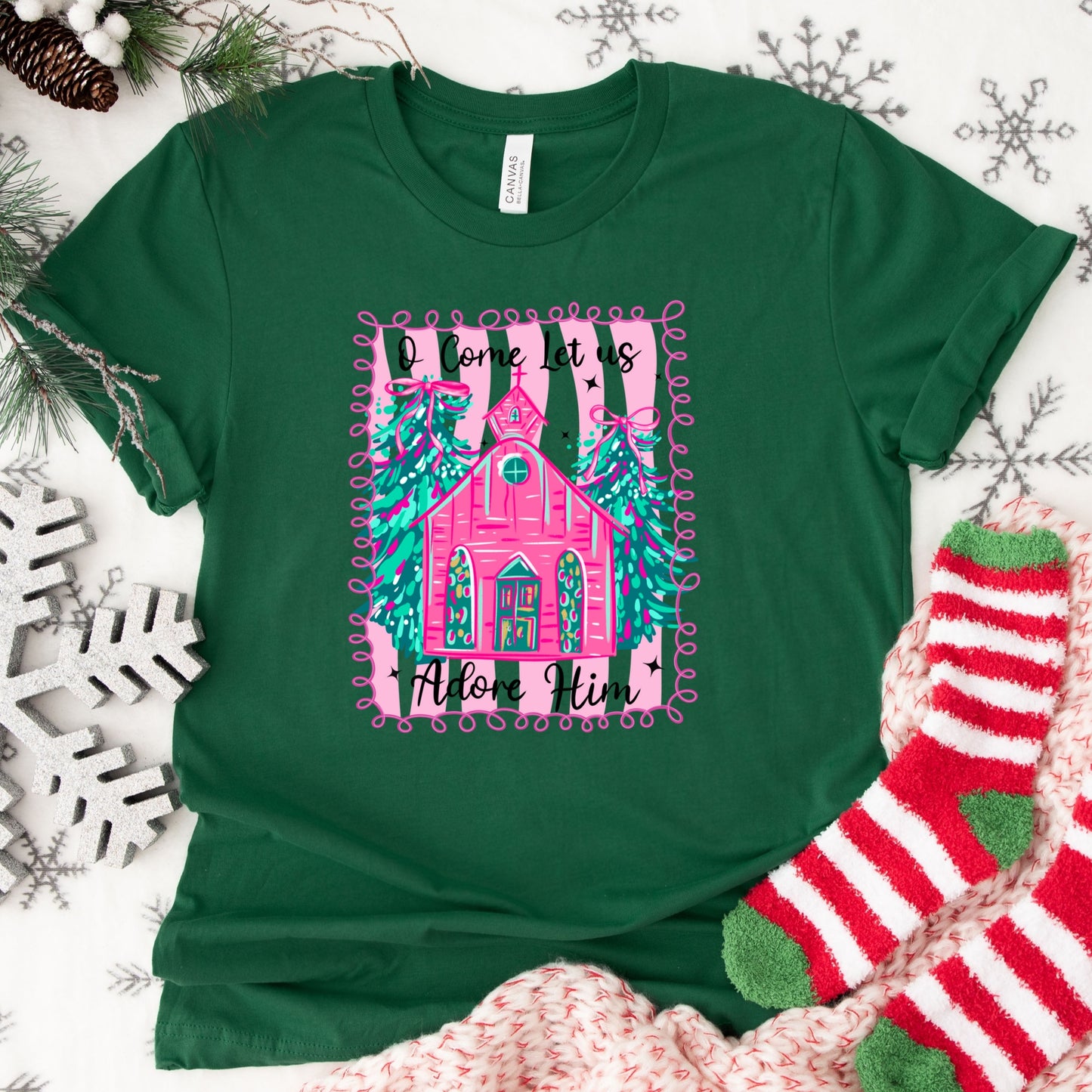 Christmas Shirt: O Come Let Us Adore Him – Pink Church Christian Tee or Sweatshirt