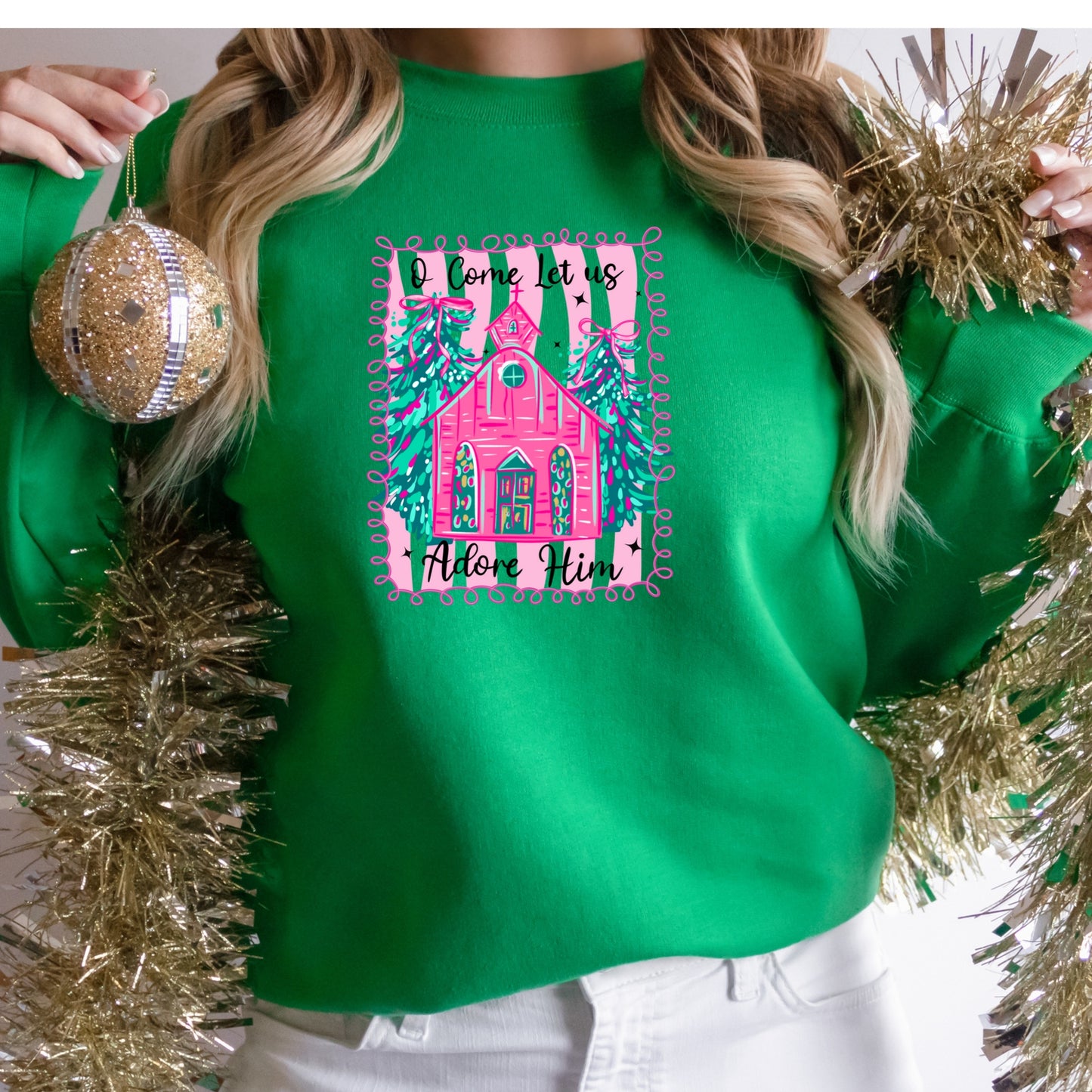 Christmas Shirt: O Come Let Us Adore Him – Pink Church Christian Tee or Sweatshirt