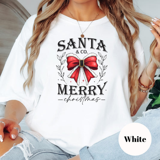 Santa & Co. Merry Christmas Shirt or Sweatshirt: Red Bow Design, Soft Unisex, S-4XL