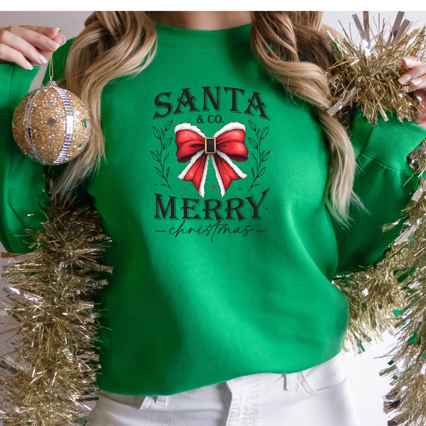 Santa & Co. Merry Christmas Shirt or Sweatshirt: Red Bow Design, Soft Unisex, S-4XL