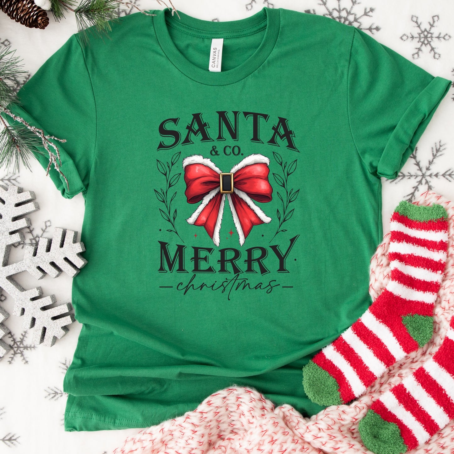 Santa & Co. Merry Christmas Shirt or Sweatshirt: Red Bow Design, Soft Unisex, S-4XL