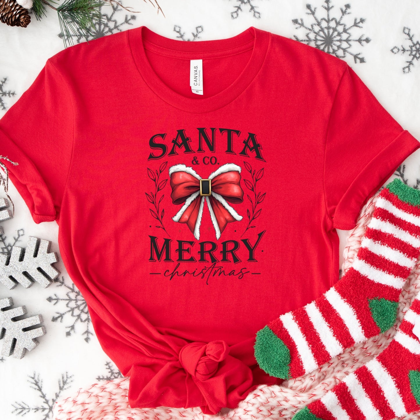 Santa & Co. Merry Christmas Shirt or Sweatshirt: Red Bow Design, Soft Unisex, S-4XL