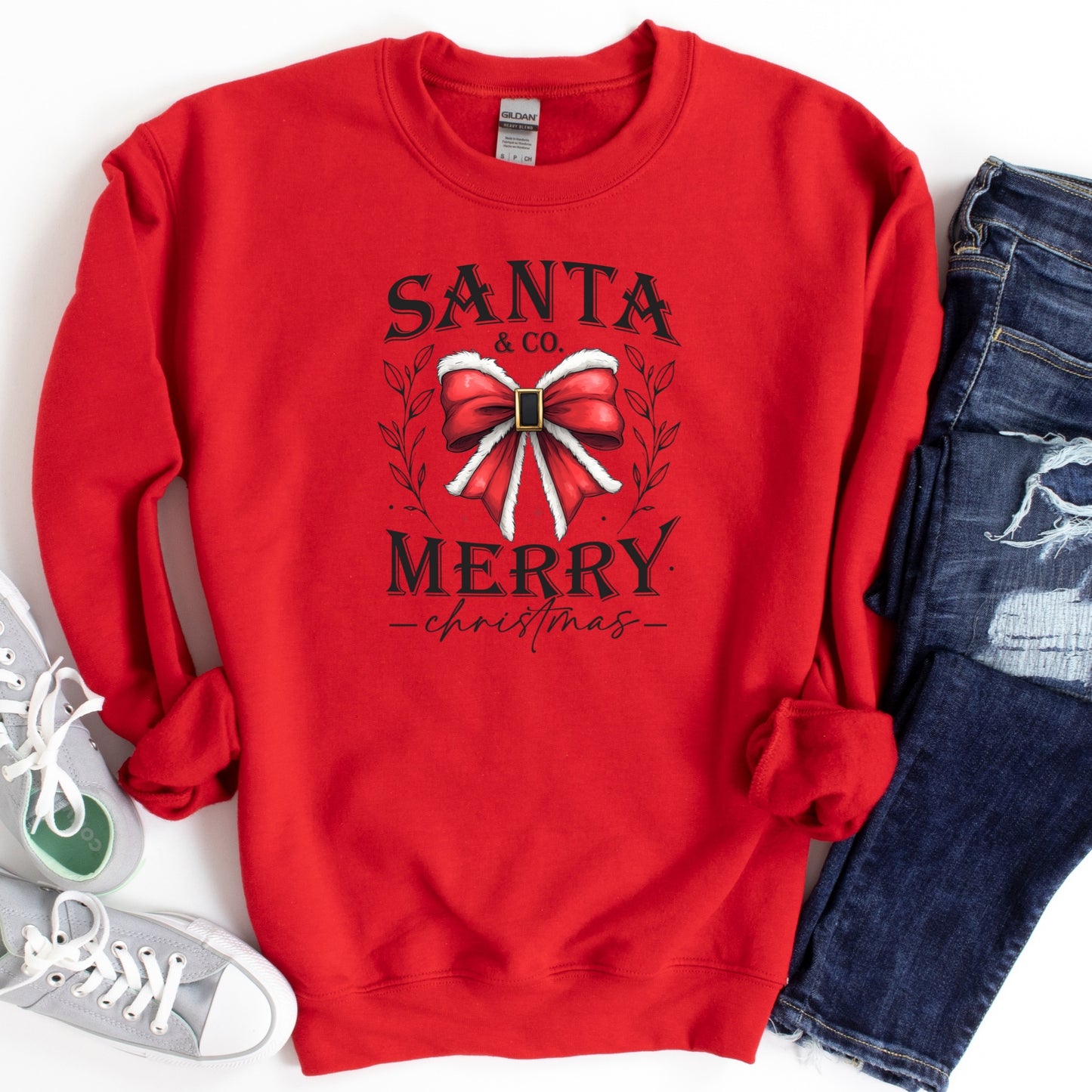 Santa & Co. Merry Christmas Shirt or Sweatshirt: Red Bow Design, Soft Unisex, S-4XL