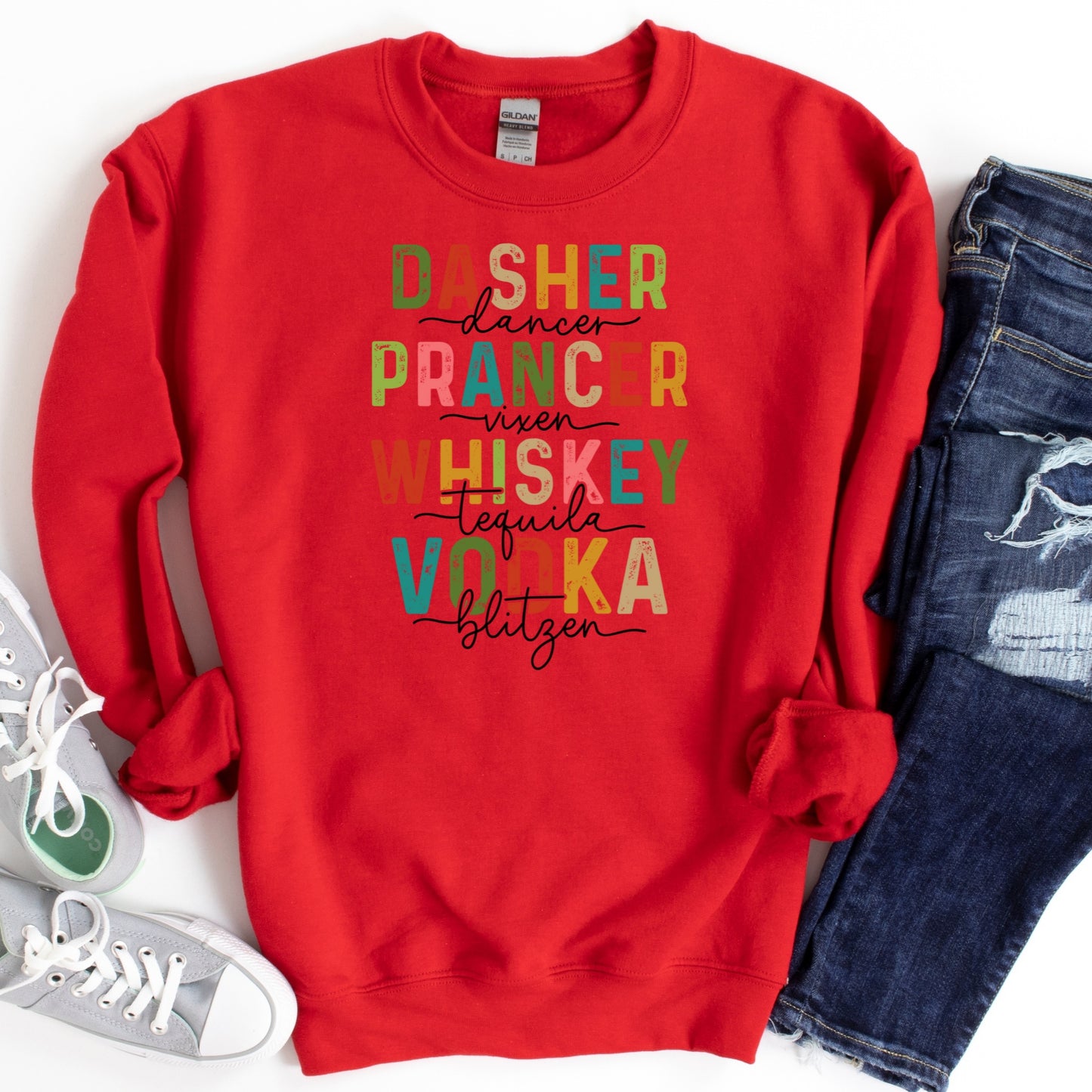 Reindeer Whiskey Vodka Shirt or Sweatshirt: Funny Holiday Drinking Top, Multiple Colors, S-4XL