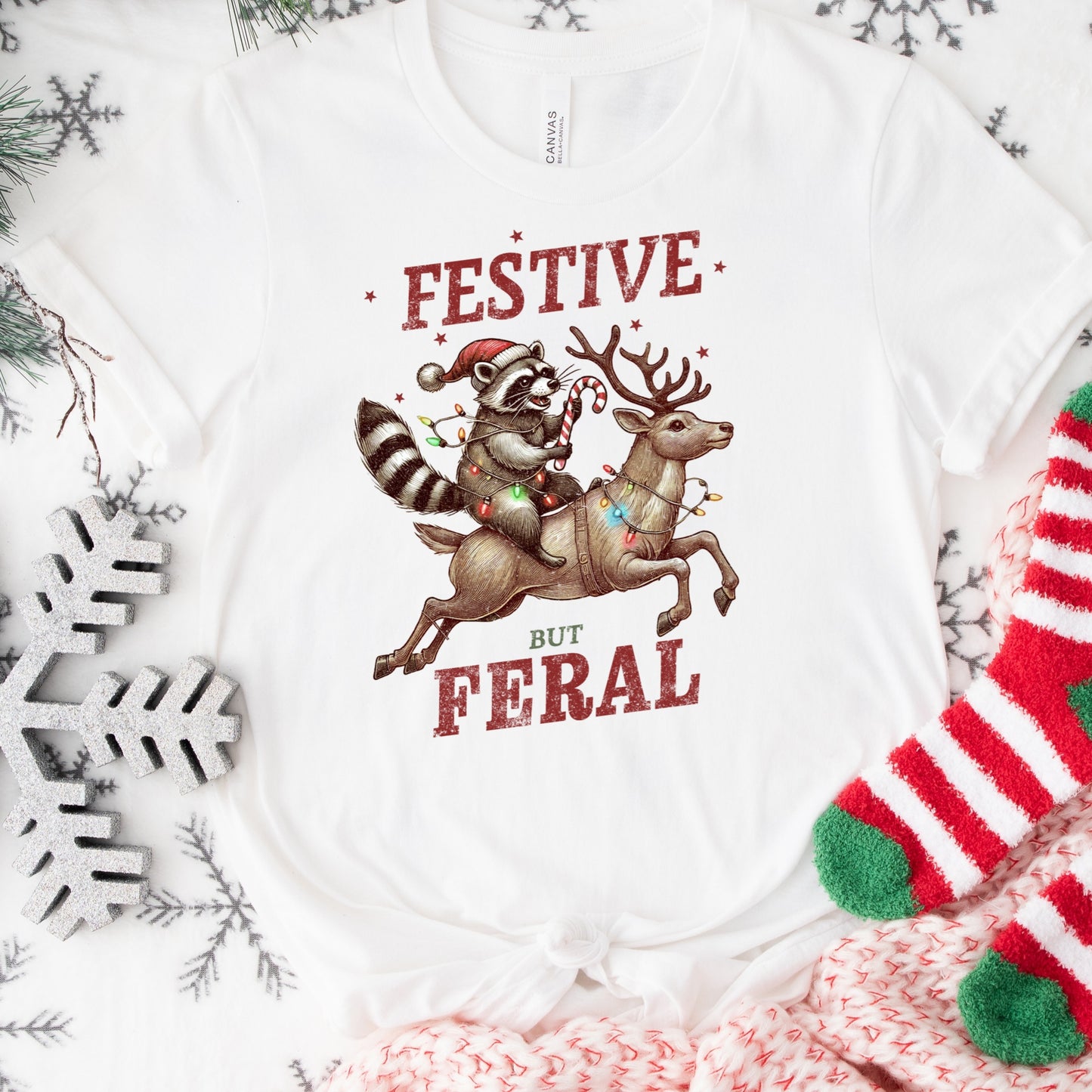 Festive But Feral Shirt or Sweatshirt: Funny Raccoon Christmas Top, Multiple Colors, S-4XL