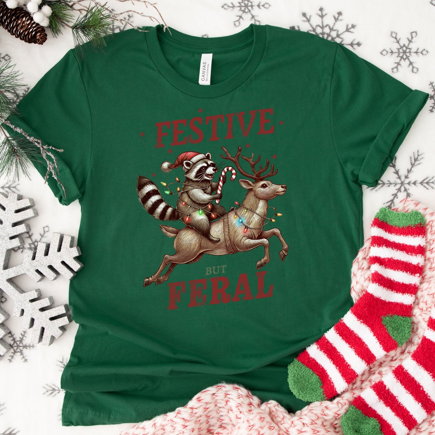 Festive But Feral Shirt or Sweatshirt: Funny Raccoon Christmas Top, Multiple Colors, S-4XL