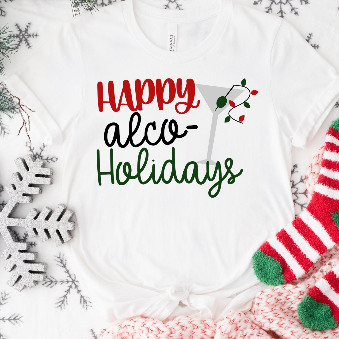 Happy Alco-Holidays Shirt or Sweatshirt – Funny Christmas Cocktail Top – S-4XL Plus Size – Multiple Colors