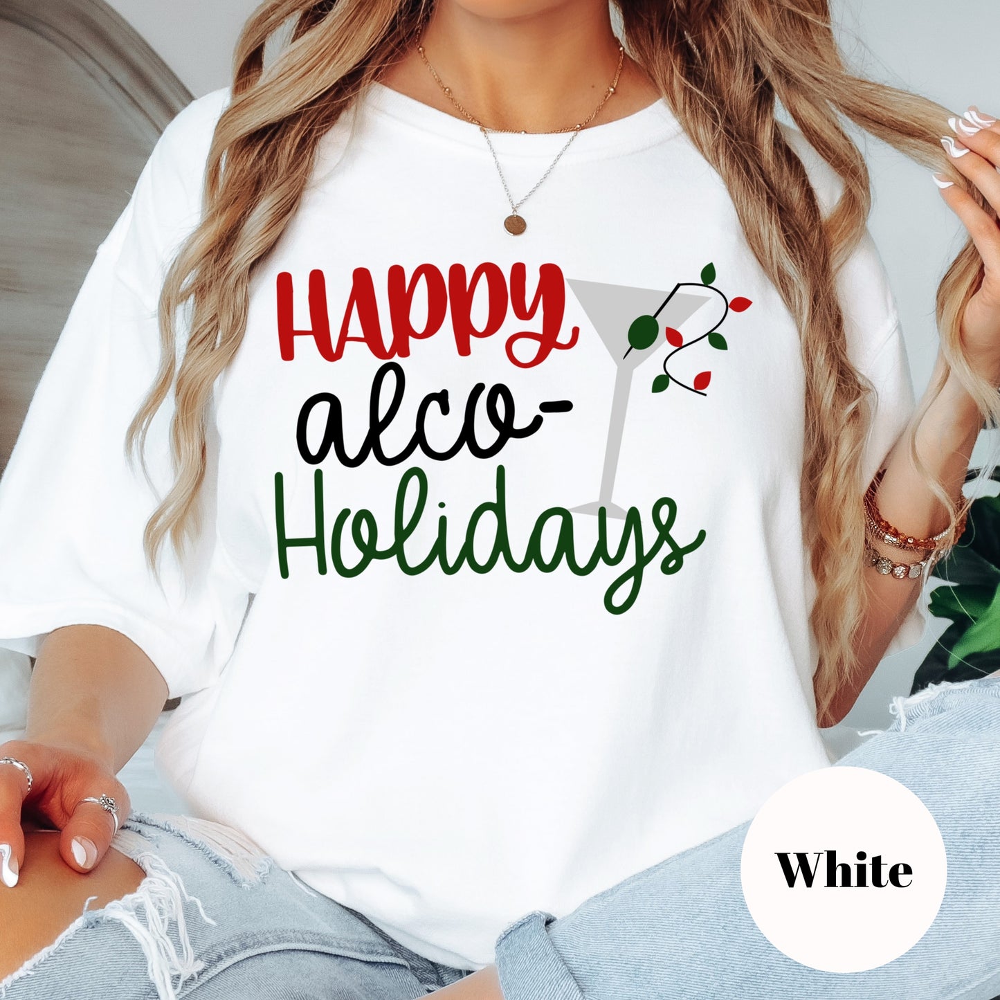 Happy Alco-Holidays Shirt or Sweatshirt – Funny Christmas Cocktail Top – S-4XL Plus Size – Multiple Colors