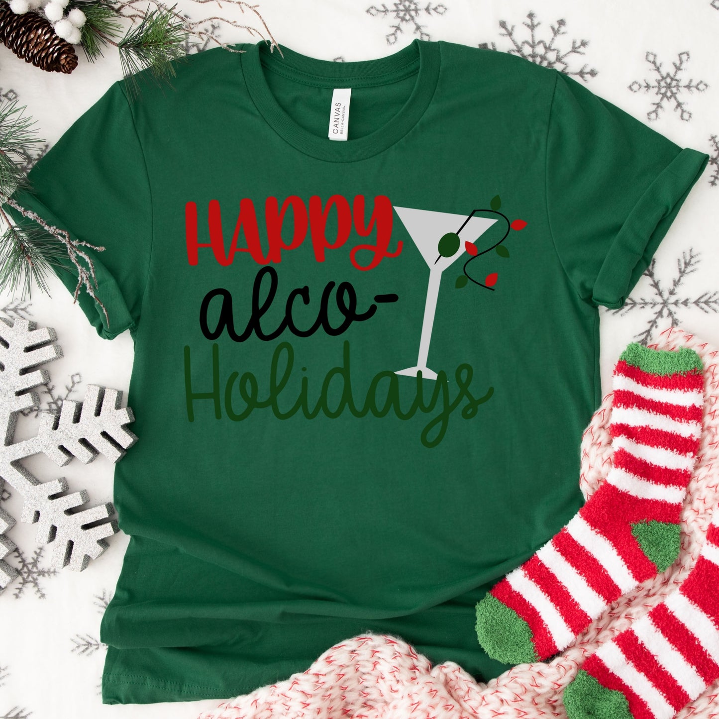 Happy Alco-Holidays Shirt or Sweatshirt – Funny Christmas Cocktail Top – S-4XL Plus Size – Multiple Colors