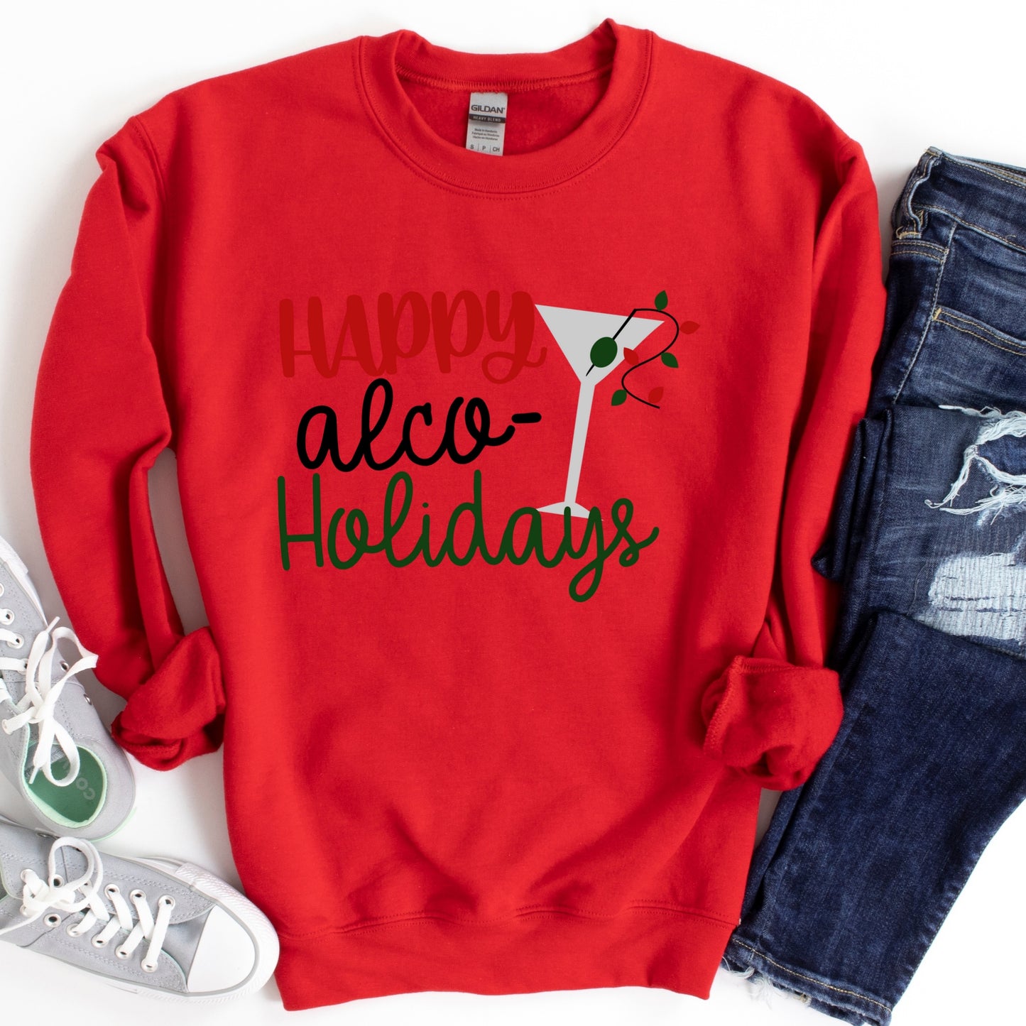 Happy Alco-Holidays Shirt or Sweatshirt – Funny Christmas Cocktail Top – S-4XL Plus Size – Multiple Colors