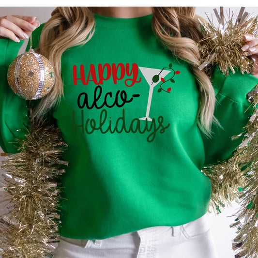 Happy Alco-Holidays Shirt or Sweatshirt – Funny Christmas Cocktail Top – S-4XL Plus Size – Multiple Colors