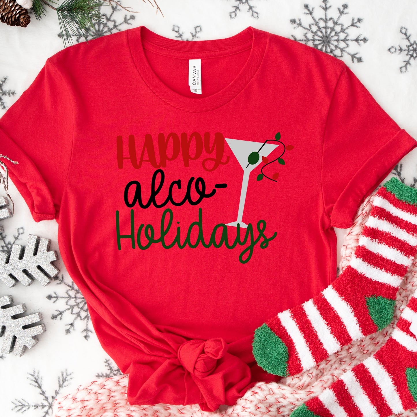 Happy Alco-Holidays Shirt or Sweatshirt – Funny Christmas Cocktail Top – S-4XL Plus Size – Multiple Colors