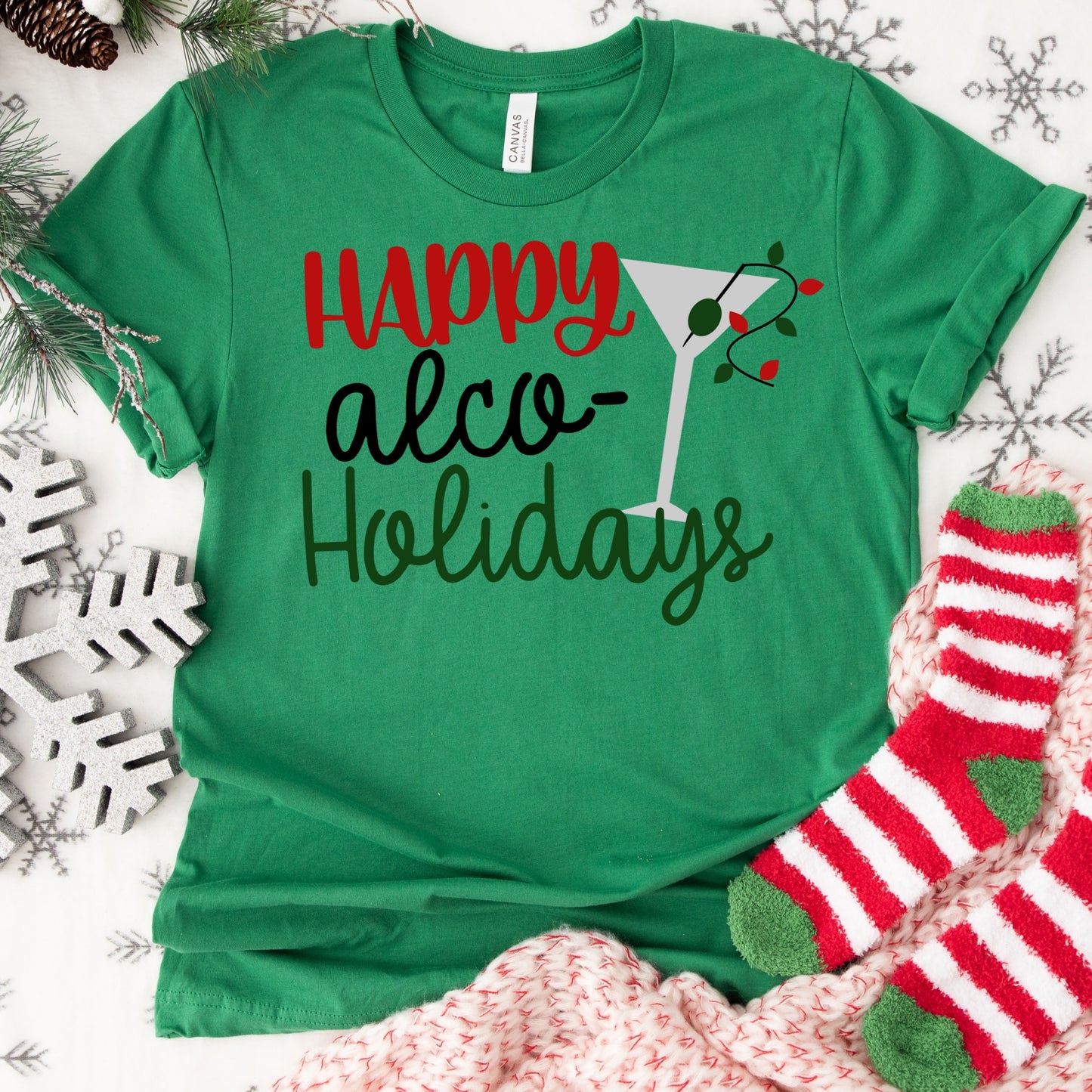 Happy Alco-Holidays Shirt or Sweatshirt – Funny Christmas Cocktail Top – S-4XL Plus Size – Multiple Colors