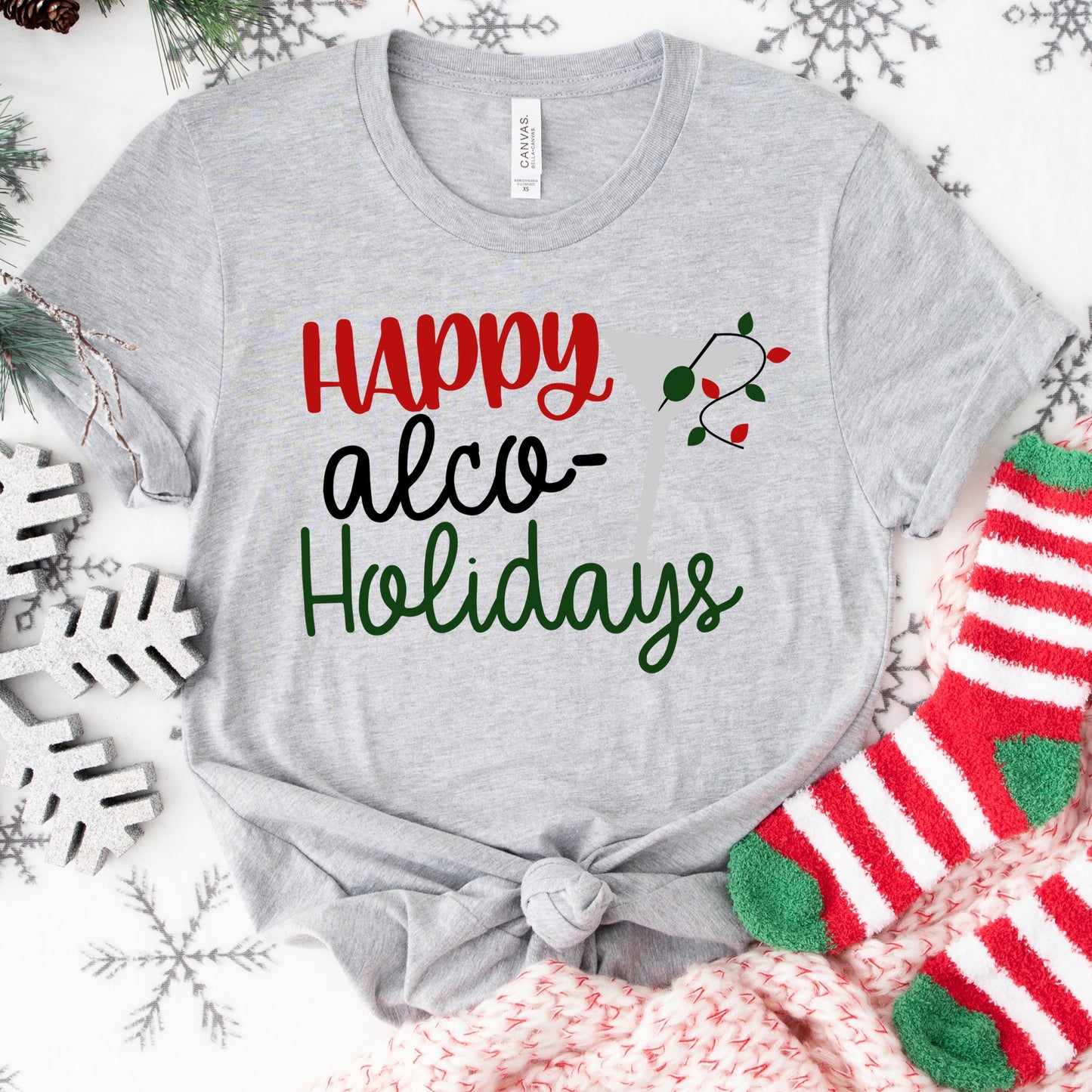 Happy Alco-Holidays Shirt or Sweatshirt – Funny Christmas Cocktail Top – S-4XL Plus Size – Multiple Colors
