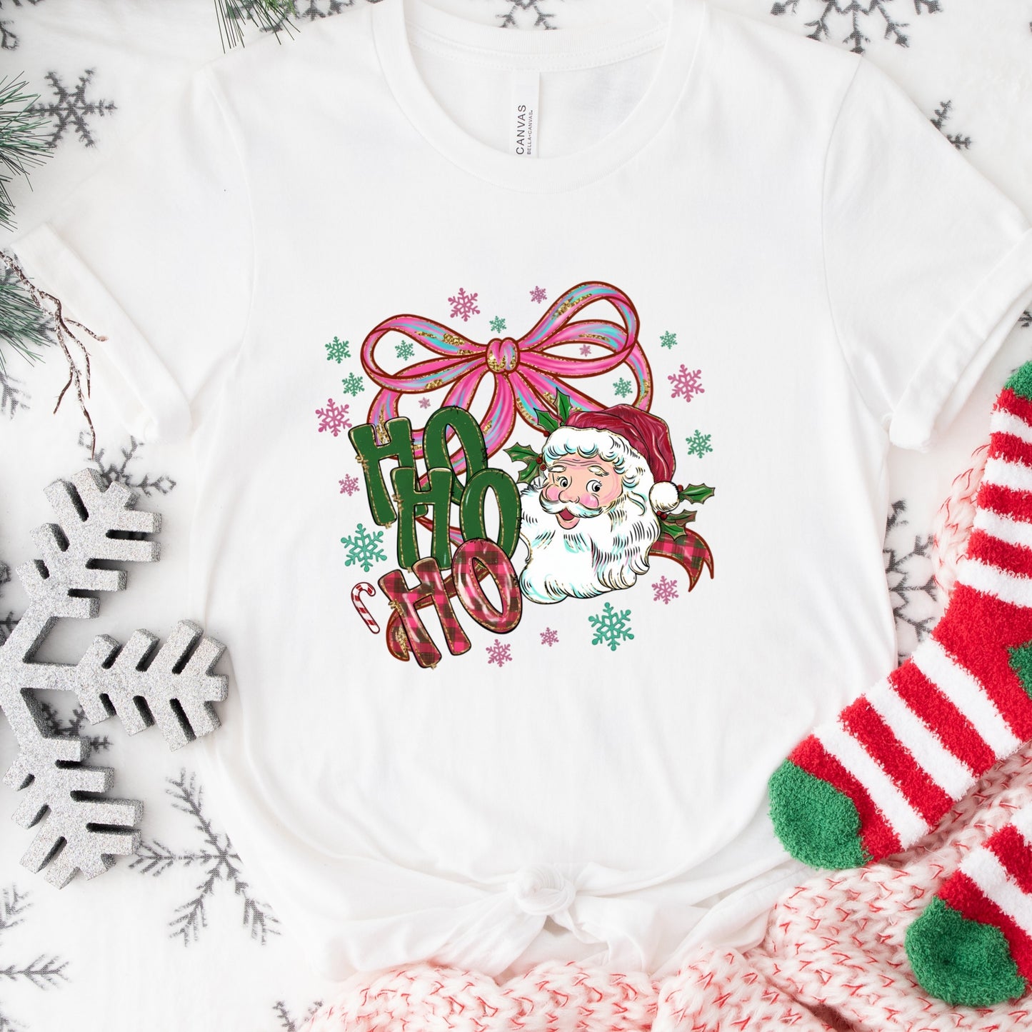 Ho Ho Ho Santa Shirt or Sweatshirt – Coquette Bow Retro Christmas Top – S-4XL Plus Size – Multiple Colors