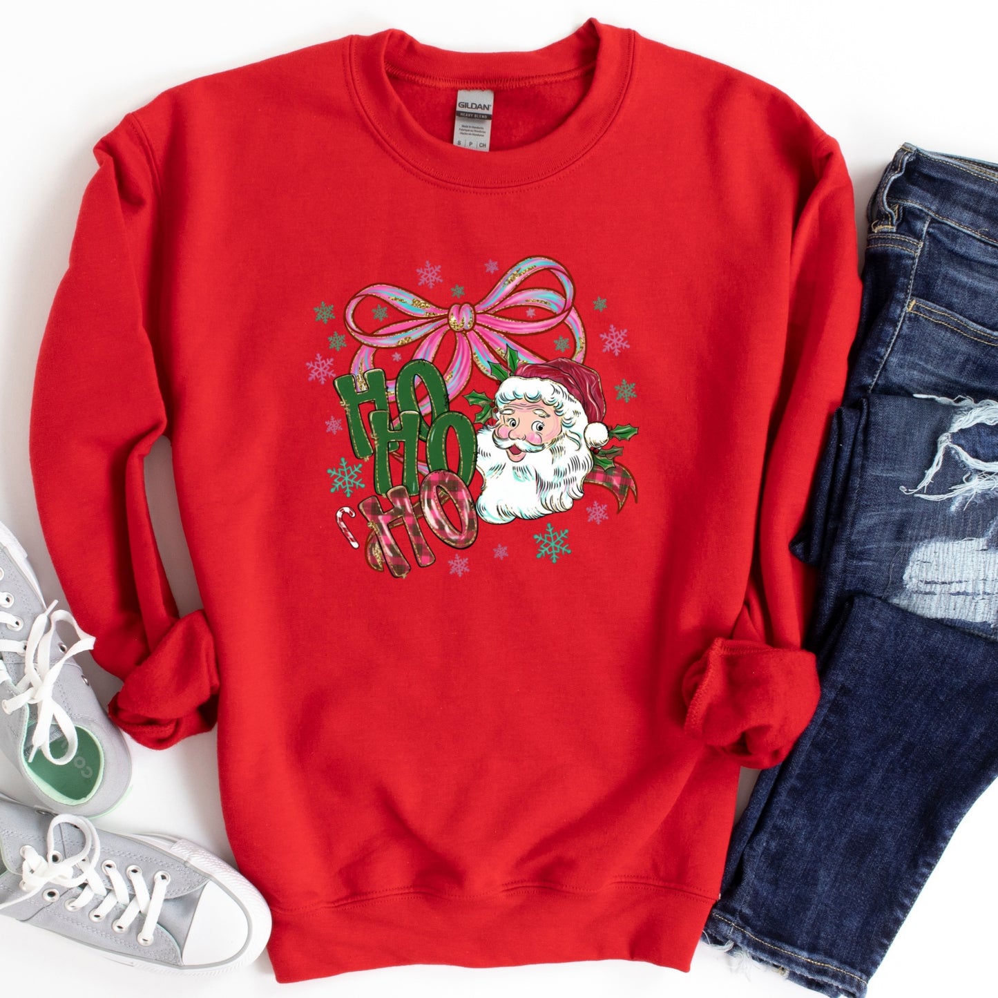 Ho Ho Ho Santa Shirt or Sweatshirt – Coquette Bow Retro Christmas Top – S-4XL Plus Size – Multiple Colors