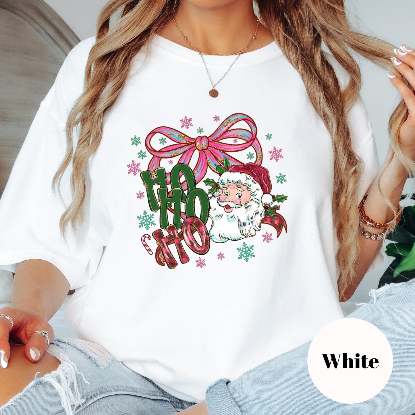Ho Ho Ho Santa Shirt or Sweatshirt – Coquette Bow Retro Christmas Top – S-4XL Plus Size – Multiple Colors